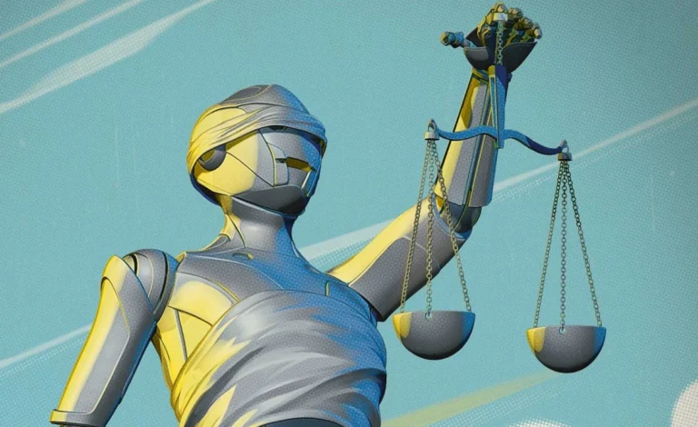 Image of a robot in the image of the lady of justice, depicting Artificial Intelligence Compliance and regulations