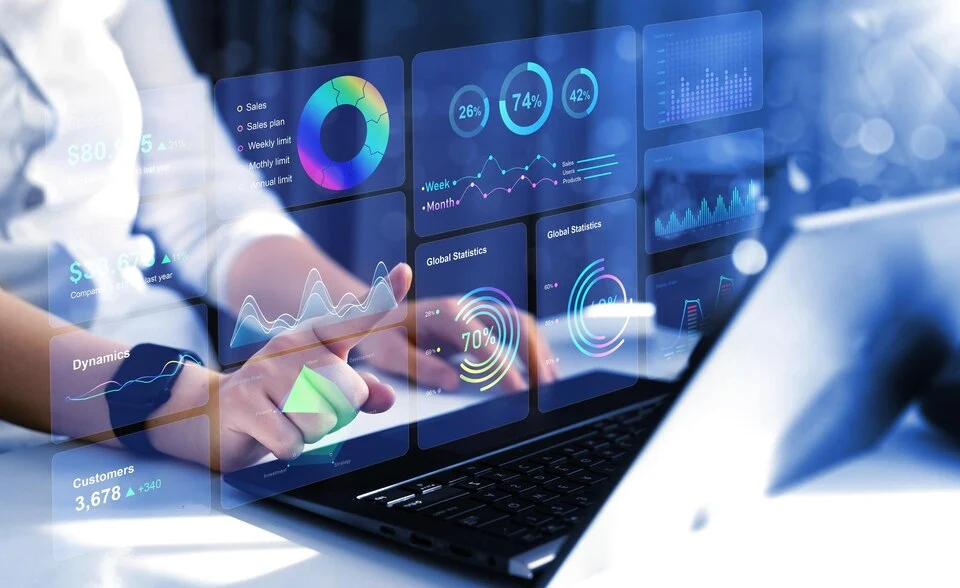A human working on a futuristic ERP system depicting gNxtSuite ERP