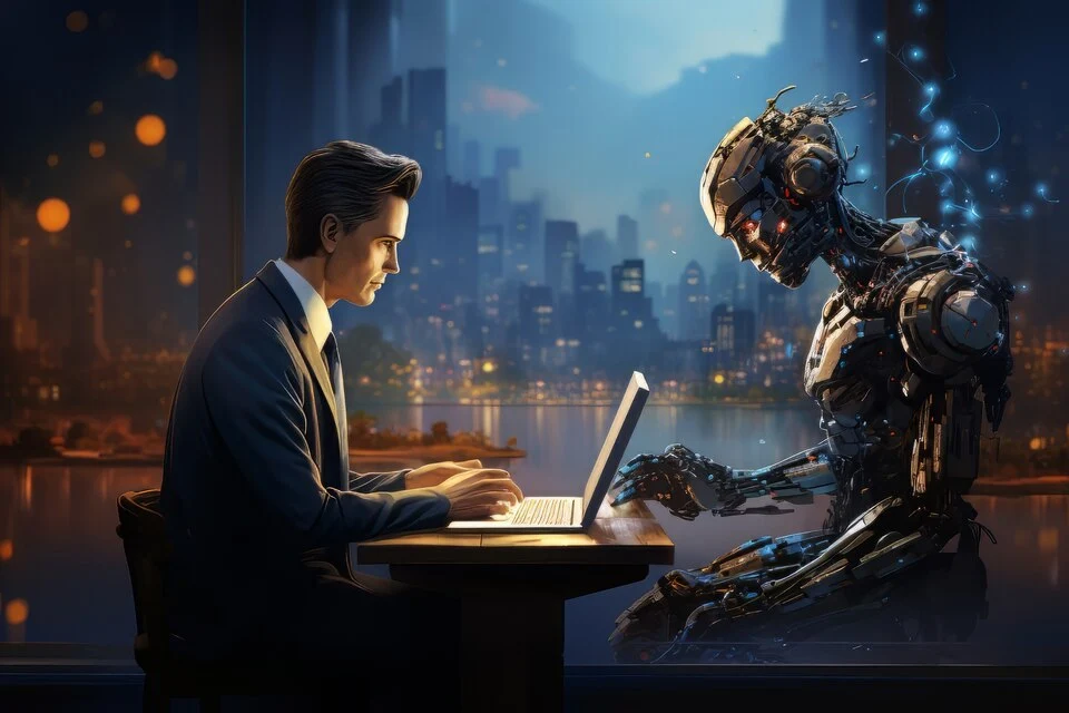 A human coding and a robot sitting in front of him complimenting the topic on Human-centric AI development
