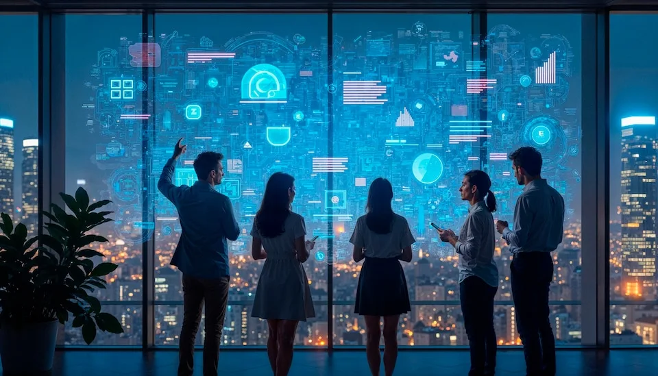 Corporate Employess looking at a colourful bunch of technological icons showcasing Human-Centric AI for employee enablement