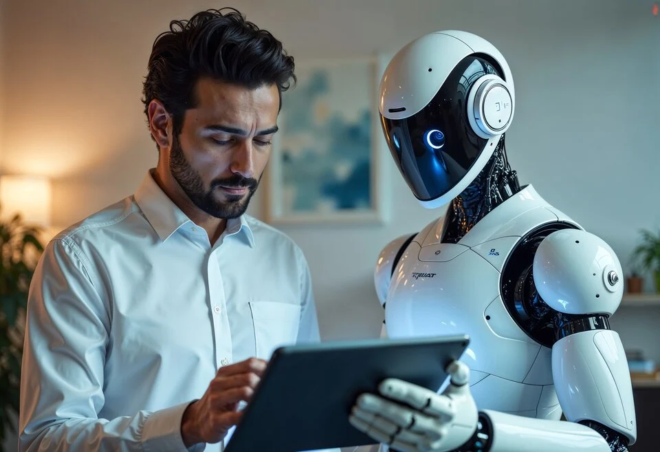 A robot helping a corporate CXO in his everyday business processes Showcasing that the company made the right decision choosing the Top RPA vendors in India