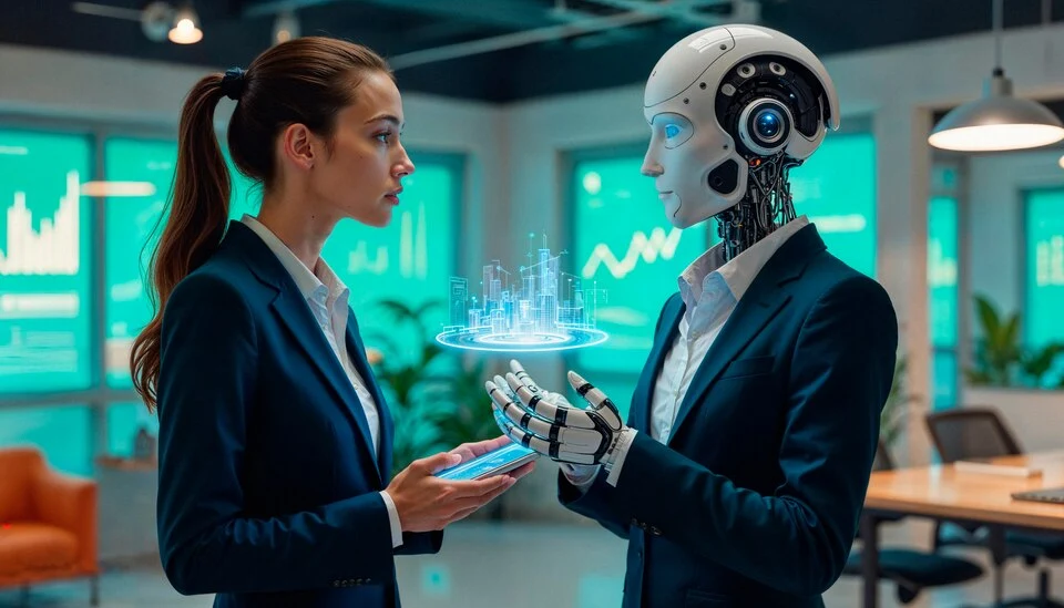 A human and an AI agent discussing plans in a futuristic office setting depicting working with Agentic AI