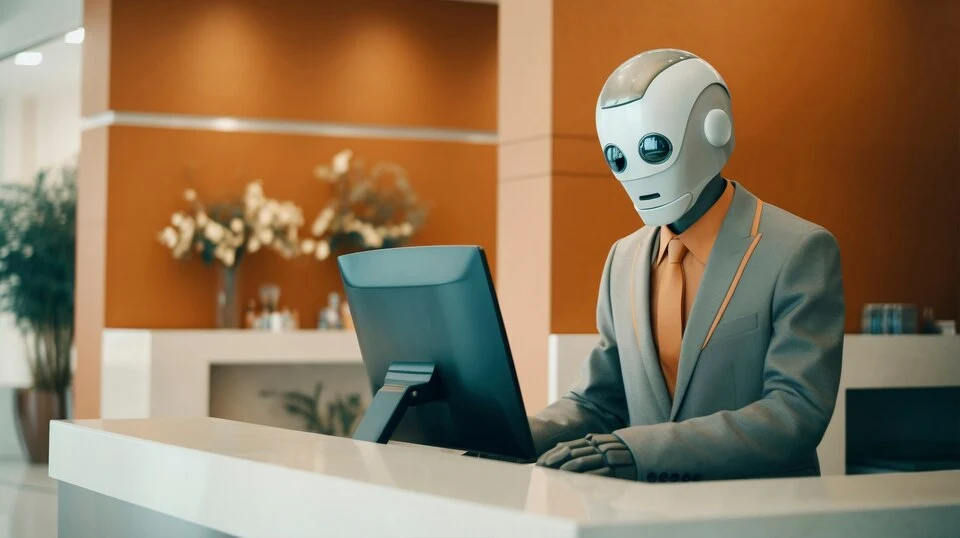 A robot in a suit working on a laptop, depicting Agentic AI