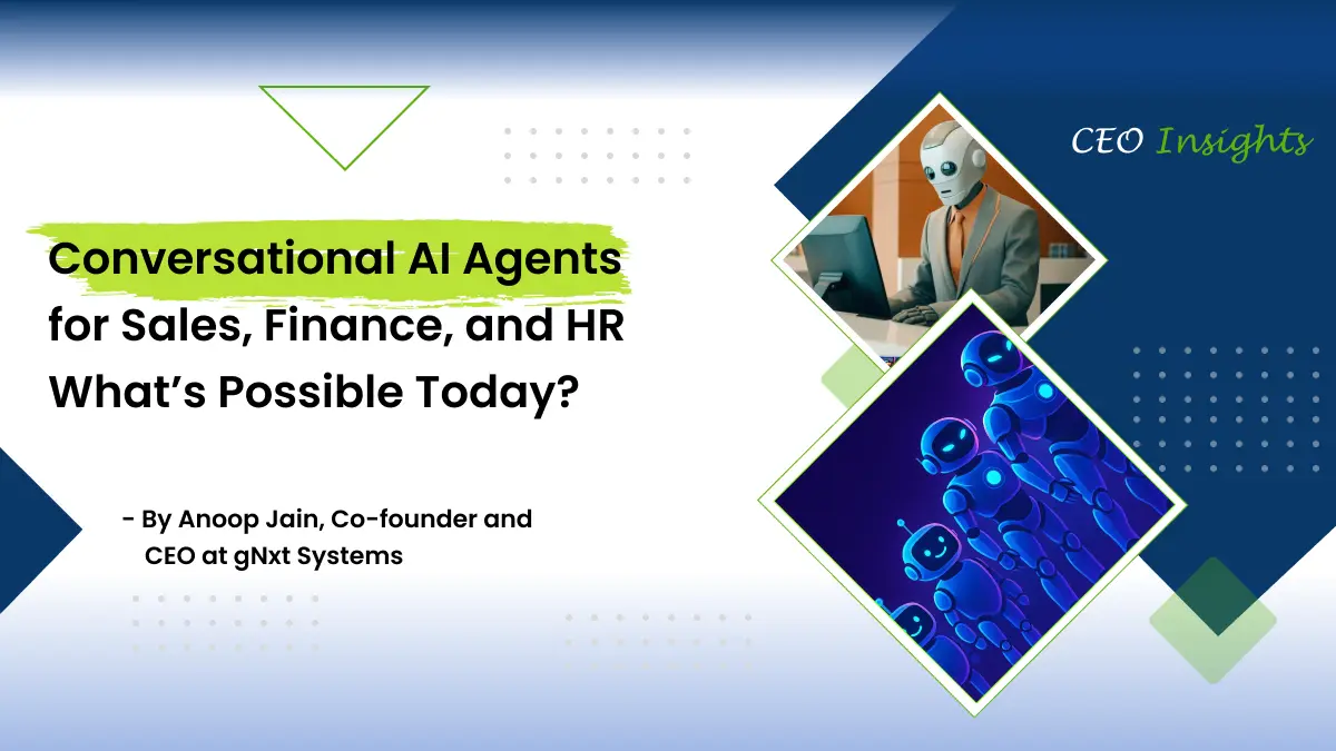 Blog banner for the blog topic 'Conversational AI Agents for Sales, Finance, and HR What's Possible Today?'