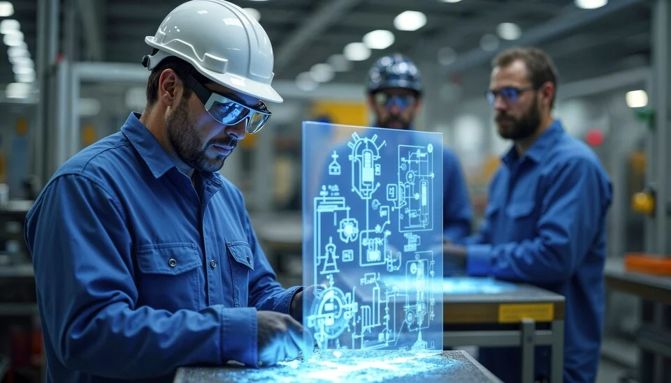 An employee looking at the hologram monitoring automation taking place inturn depicting how RPA companies in India are transforming modern day factories