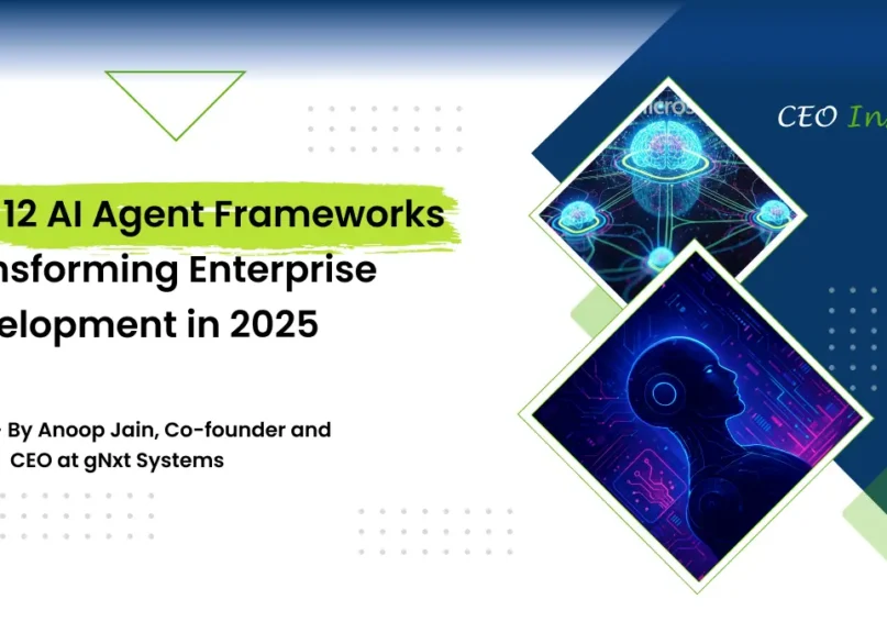 Blog banner on the blog topic 'Top 12 AI Agent Frameworks Transforming Enterprise Development in 2025'